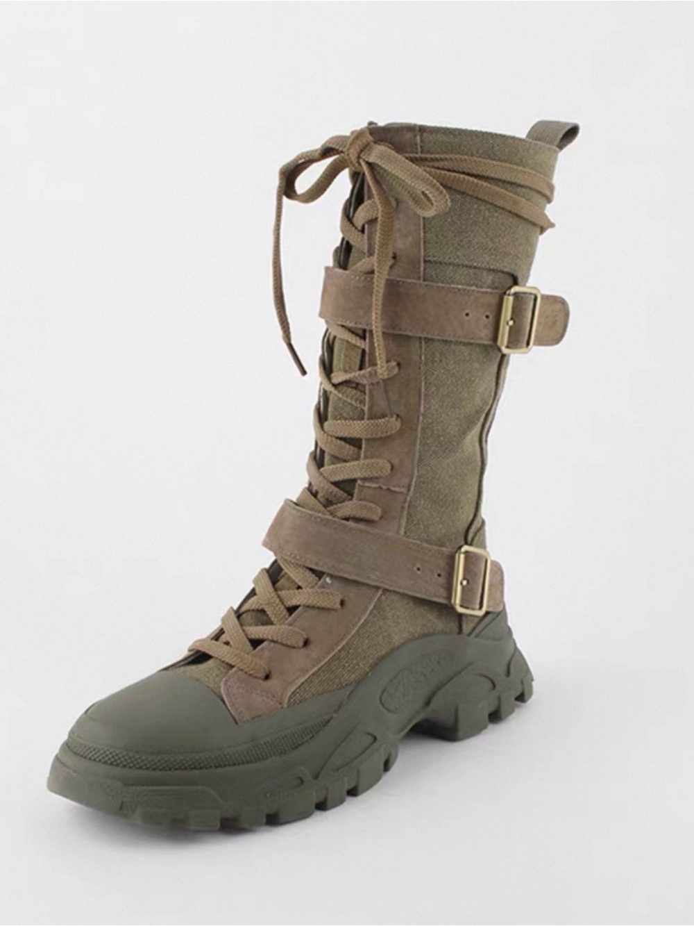 Canvas Lace-Up Combat Boot in Olive Green